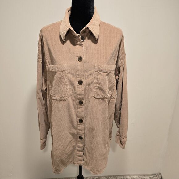 Aritzia Babaton Corduroy Shacket Shirt Women Medium Tan Oversized Minimalist - Picture 1 of 11